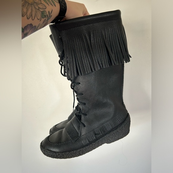 Made In Canada Black Leather Fringed Mukluks Fleece Lined Boots Lace-up 10 M - Picture 6 of 13